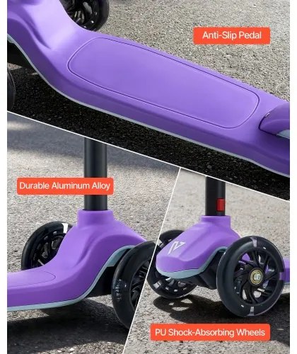 VEVOR Kick Scooter for Kids Ages 3+, 3-Wheel Toddler Scooter with Light-Up Wheels, Adjustable Height Handlebar, Wide Anti-Slip Deck, Lightweight Aluminum Frame for Boys & Girls up to 74.8 kg, Purple
