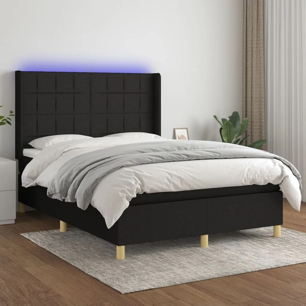 Κρεβάτι Boxspring με Στρώμα & LED Μαύρο 140x200 εκ. Υφασμάτινο