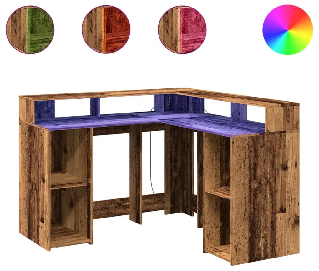vidaXL Γραφείο με LED Όψη Παλαιού Ξύλου 130x130x91 εκ. Επεξεργ. Ξύλο