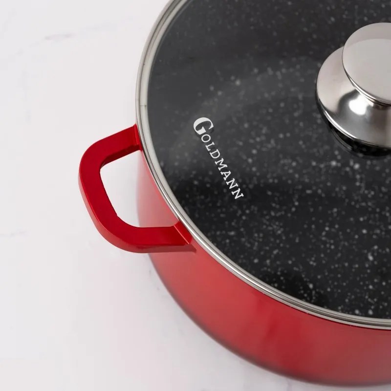 Κατσαρόλα Goldmann GM-7324R, 4,5 l, 24 cm, Αντικολλητική μαρμάρινη επίστρωση, Καπάκι με άνοιγμα, Επαγωγή, Κόκκινο