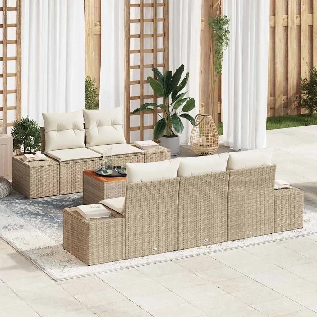 vidaXL Σετ Καναπέ Κήπου με μαξιλάρι 6 pcs Μπεζ Πολυ ράταν