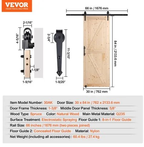 VEVOR Barn Door and Hardware Kit 30&quot; x 84&quot; Wood Sliding Barn Door Kit Smoothly