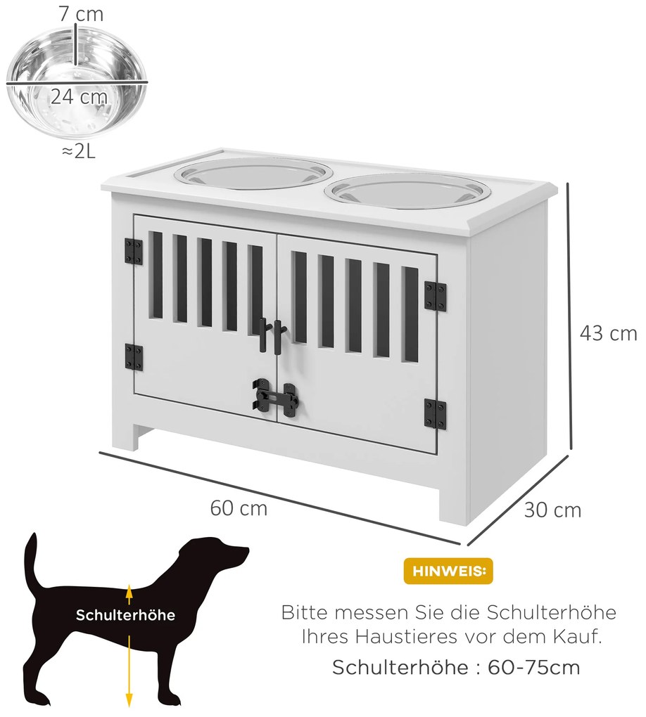 PawHut Ανυψωμένος Σταθμός Τροφοδοσίας για Μεγάλα Σκυλιά, 2 Ανοξείδωτα Μπολ, Χώρος Αποθήκευσης, 35,5x60x30 cm, Λευκό