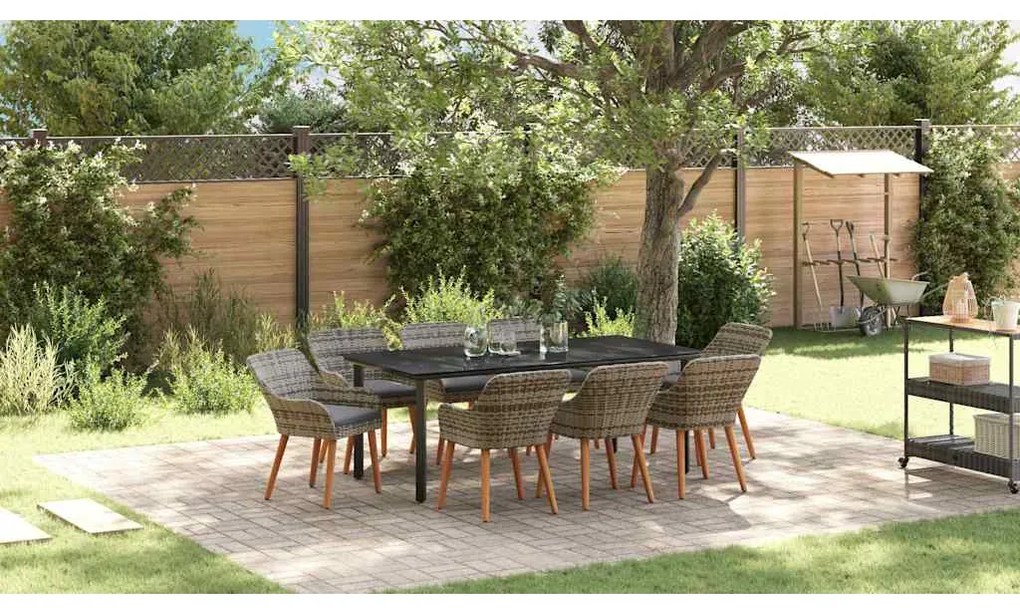 vidaXL Σέτ φαγητού για κήπο με μαξιλάρι 9 pcs Γκρι συνθετικό ρατάν