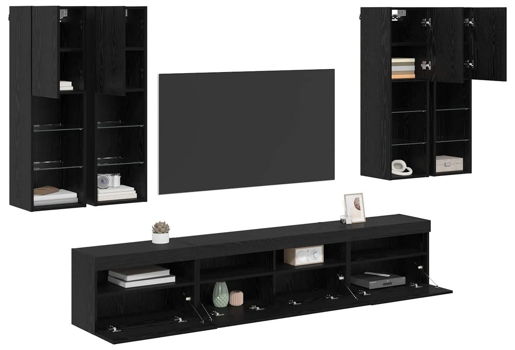 vidaXL Σετ Κονσόλας Τηλεόρασης με LED Φώτα Επιτοίχιο 7 pcs Μαύρη Οξυά