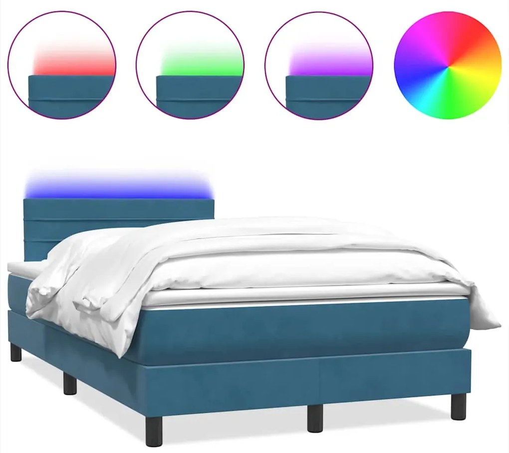 vidaXL Κρεβάτι Boxspring με Στρώμα &amp; LED Σκούρο Μπλε 120x210 εκ. Βελούδινο
