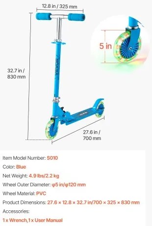 VEVOR Kick Scooter for Kids Ages 3+, 2-Wheel Toddler Scooter with Light-Up Wheels, Adjustable Height Handlebar, Wide Anti-Slip Deck, Foldable Lightweight Frame for Boys and Girls up to 49.9 kg, Blue