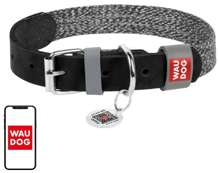 Leather dog collar with QR code Waudog size S w. 15mm, black