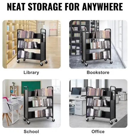 VEVOR Book Cart, 330 lbs Library Cart, 39.4&quot; x 20.1&quot; x 49.2&quot; Rolling Book Cart, Double Sided W-Shaped Sloped Shelves with 4-Inch Lockable Wheels for Home Shelves Office School, Book Truck in Black