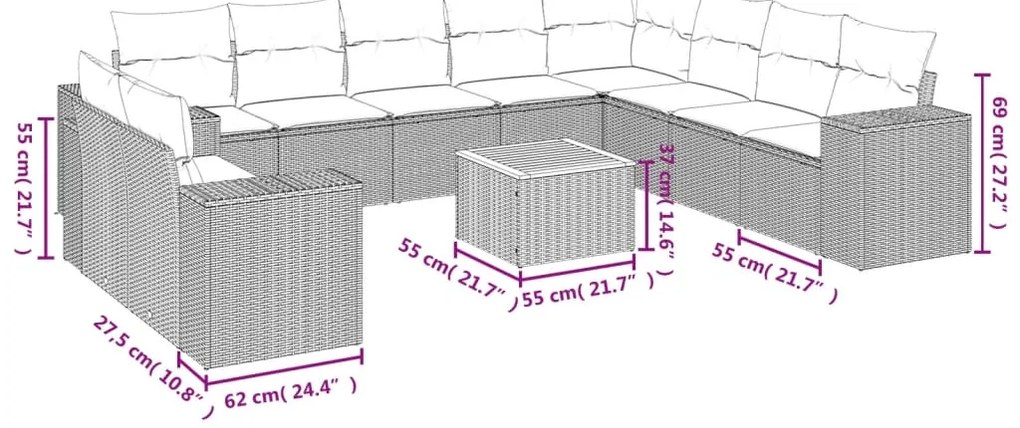 vidaXL Σαλόνι Κήπου Σετ 11 τεμ. Μπεζ Συνθετικό Ρατάν με Μαξιλάρια