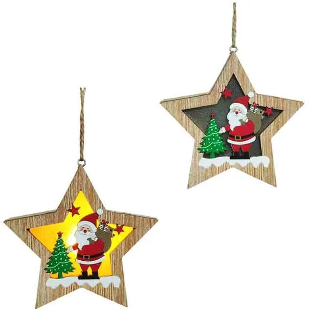 Ξύλινο Κρεμαστό Αστέρι με Φως και Άγιο Βασίλη 11cm - Wooden Hanging Star with Light and Santa-047014-191927