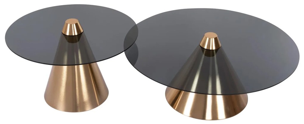Τραπεζάκια σαλονιού REBEN Σετ 2 τμχ Μέταλλο Χρυσό - Φιμέ Γυαλί Μαύρο Φ80 & Φ60 εκ.