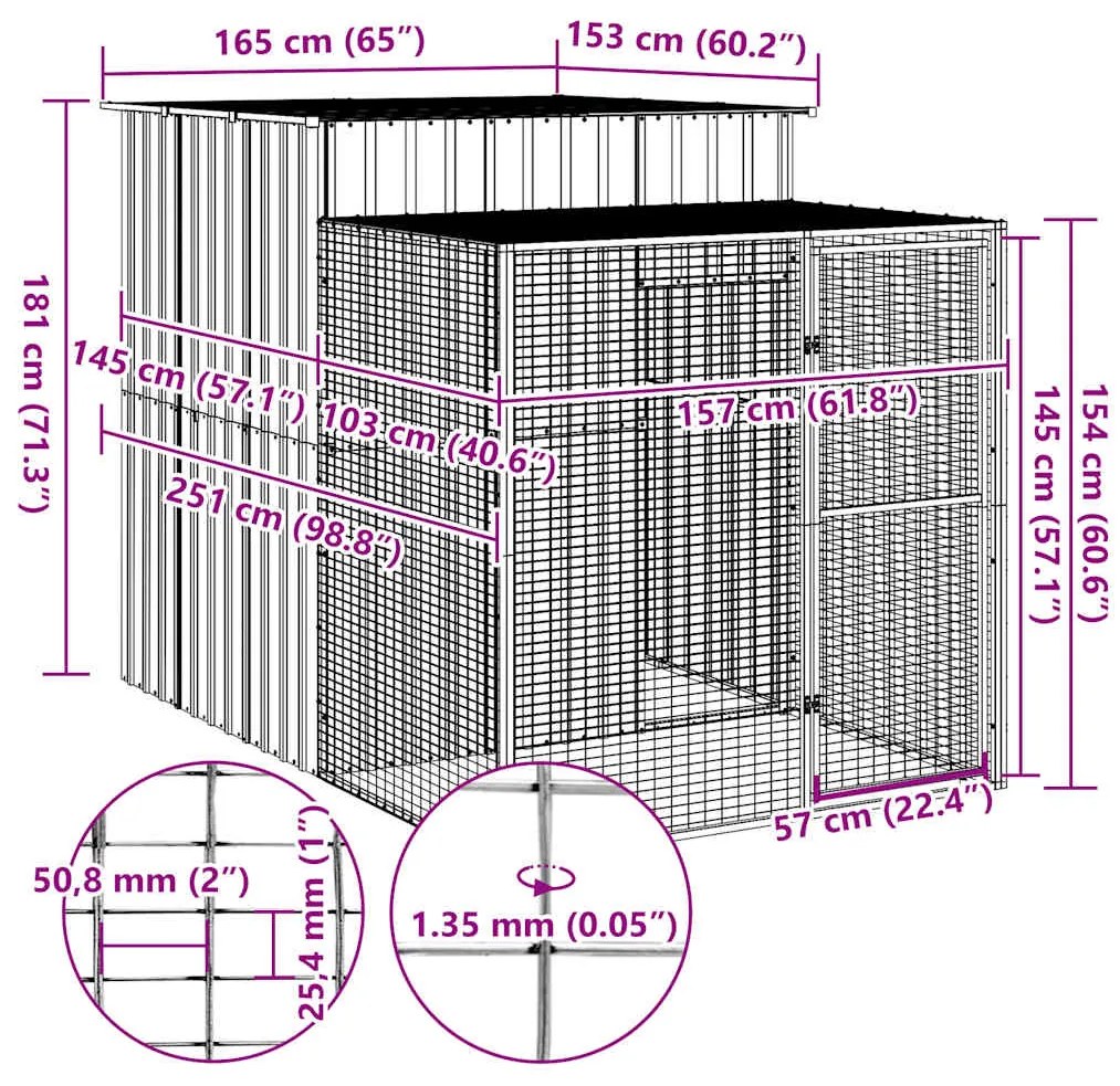 vidaXL Κλουβί για Κότες με Αυλή Αν. Γκρι 165x251x181εκ Γαλβαν. Χάλυβας