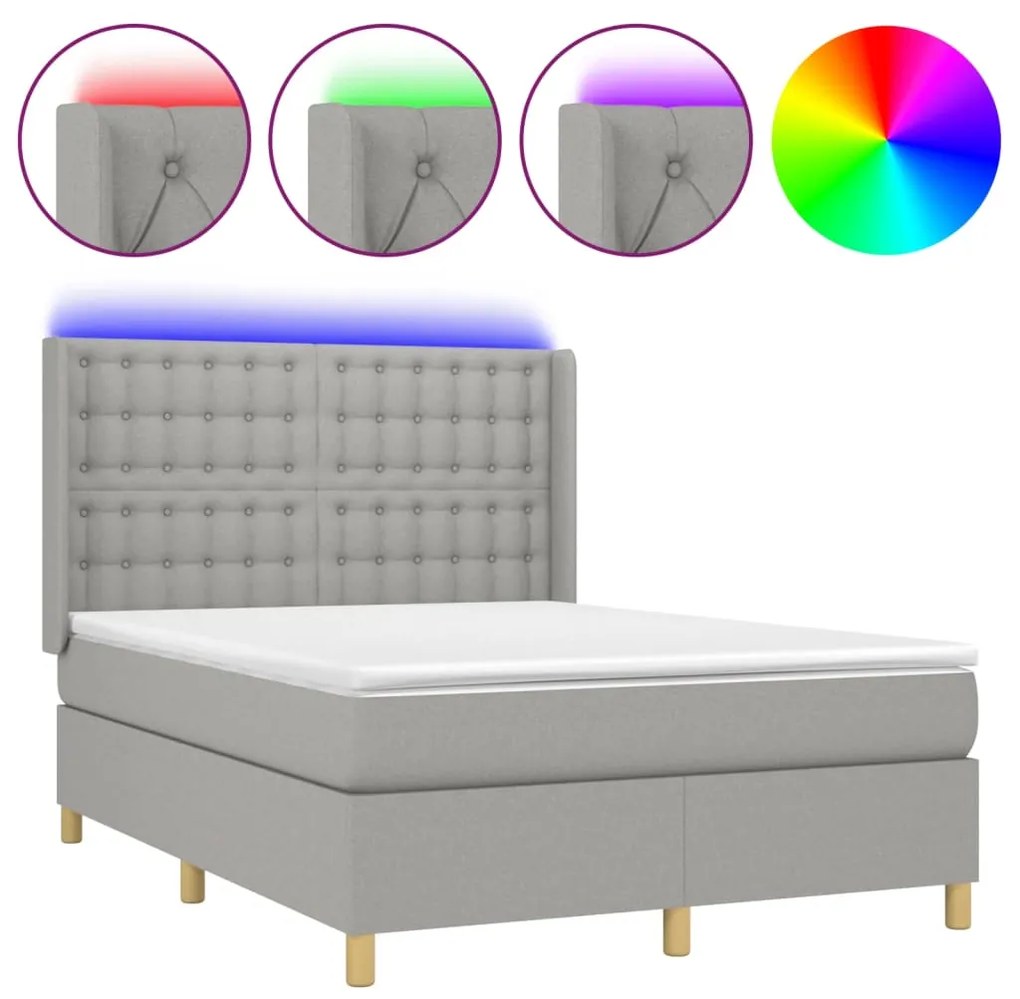 vidaXL Κρεβάτι Boxspring με Στρώμα & LED Αν.Γκρι 140x190εκ. Υφασμάτινο