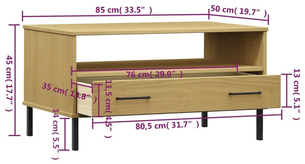 Τραπεζάκι Σαλονιού OSLO Καφέ 85x50x45 εκ. Μασίφ Ξύλο Μετ. Πόδια - Καφέ