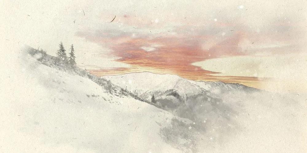 Εικόνα δύση του ήλιου πάνω από χιονισμένα βουνά - 100x50