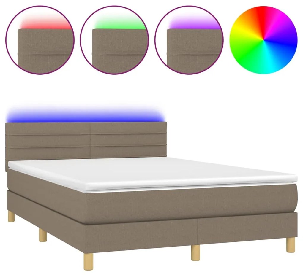 Κρεβάτι Boxspring με Στρώμα &amp; LED Taupe 140x200 εκ. Υφασμάτινο - Μπεζ-Γκρι