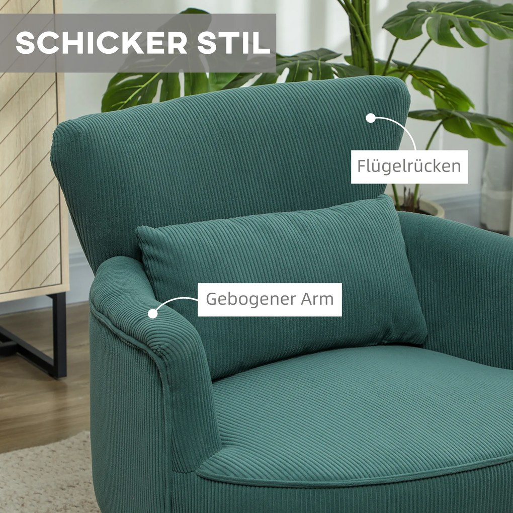 HOMCOM Μοντέρνα Πολυθρόνα, Ενισχυμένη Πολυθρόνα με Μαξιλάρι Οσφυϊκής Μοίρας, Πόδια από Καουτσούκ, Σκούρο Πράσινο