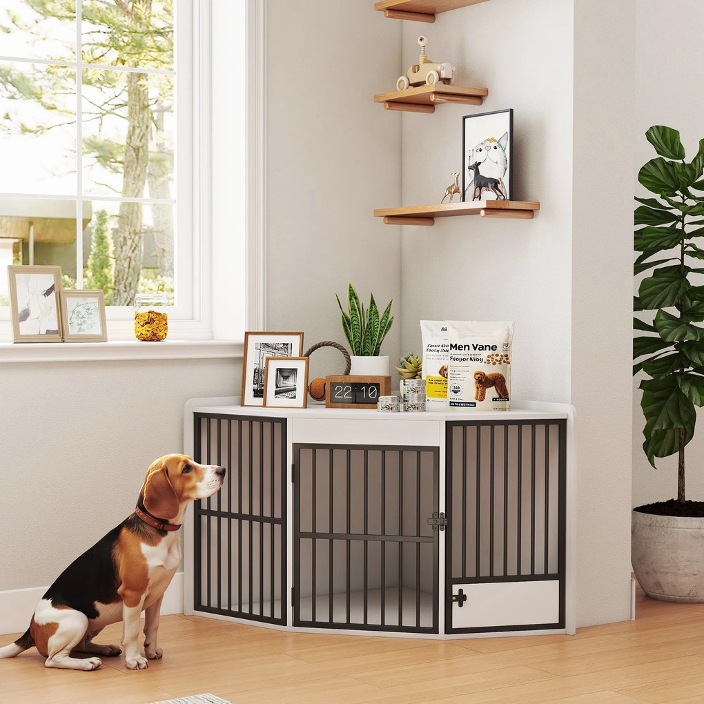 Κλουβί σκύλου PawHut, κουτί διαμονής για μικρούς και μεσαίους σκύλους, κουτί κατοικίδιου, πόρτα τροφοδοσίας, MDF, μέταλλο, λευκό