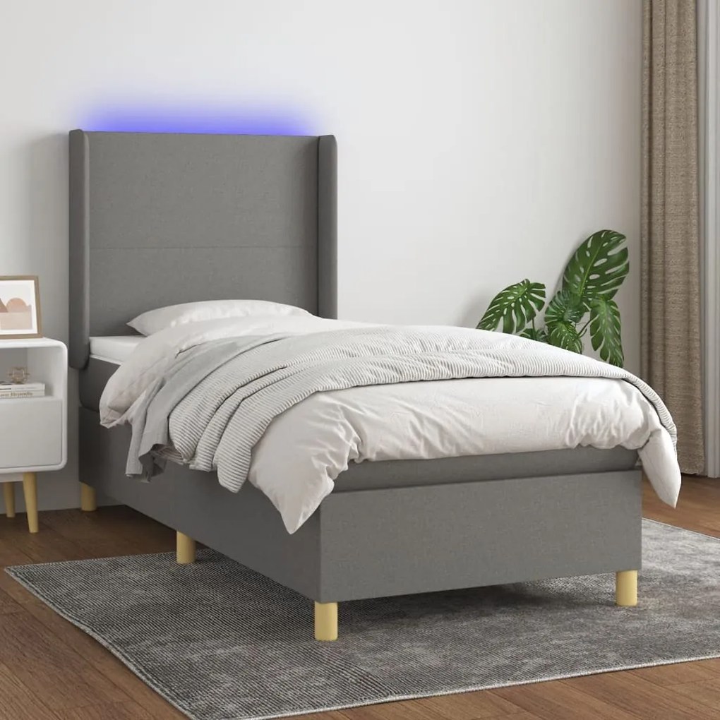 Κρεβάτι Boxspring με Στρώμα & LED Σκ.Γκρι 90x200 εκ. Υφασμάτινο