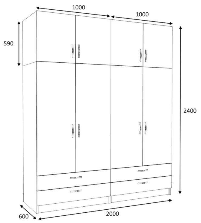 Ντουλάπα ρούχων Victoria Megapap τετράφυλλη με πατάρι και συρτάρια χρώμα καρυδί 200x60x240εκ.