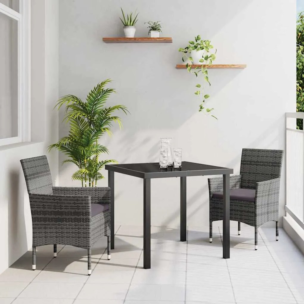 vidaXL Σέτ φαγητού για κήπο με μαξιλάρι 3 pcs Γκρι Πολυ ράταν