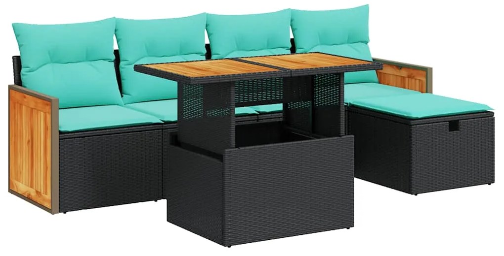 vidaXL Καναπές Κήπου 6 Τεμαχίων Μαύρο Συνθετικό Ρατάν Μαξιλάρια Ακακία