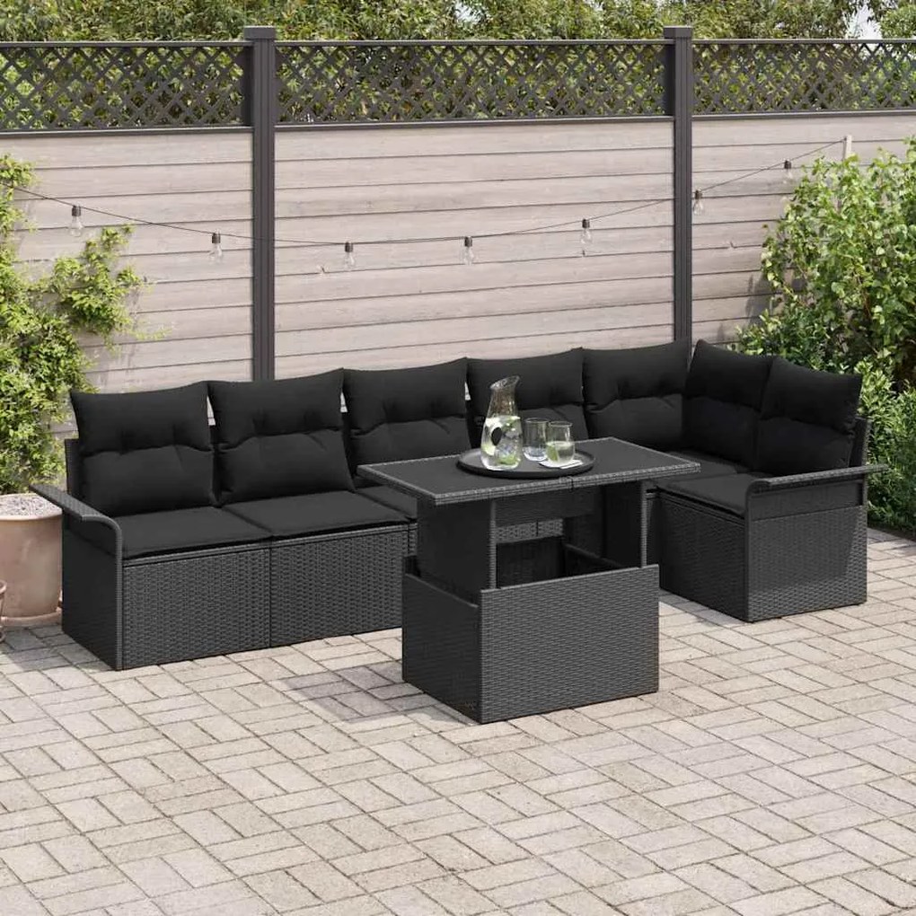 vidaXL Σετ Καναπέ Κήπου με μαξιλάρι 7 pcs Μαύρο Πολυ ράταν