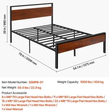 VEVOR Full Size Metal Platform Bed Frame with Headboard &amp; Under-Bed Storage 14in