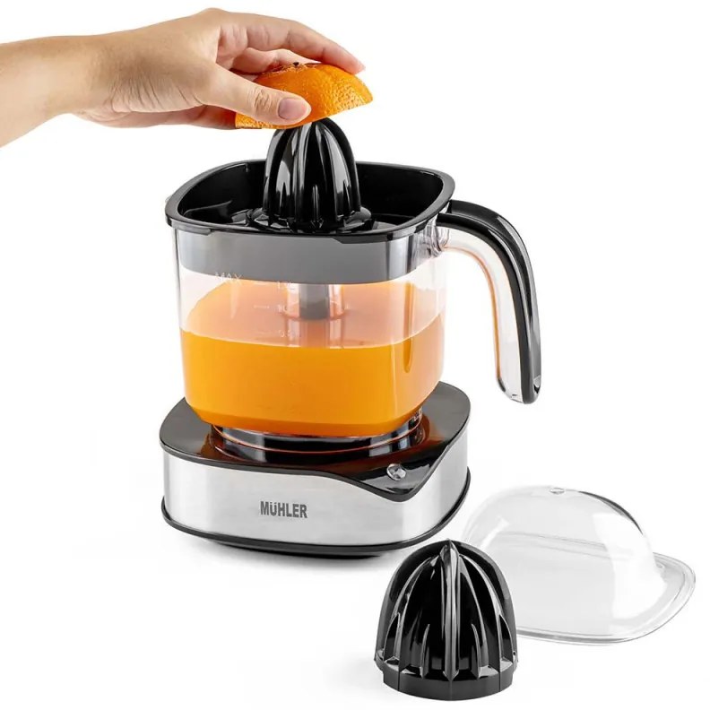 Πρέσα εσπεριδοειδών Muhler MJ-4020, 40 W, 1,2 λίτρα, Dvoposochno κίνηση, Ενδεικτική λυχνία, 2 κώνοι, Cheren/Inox.