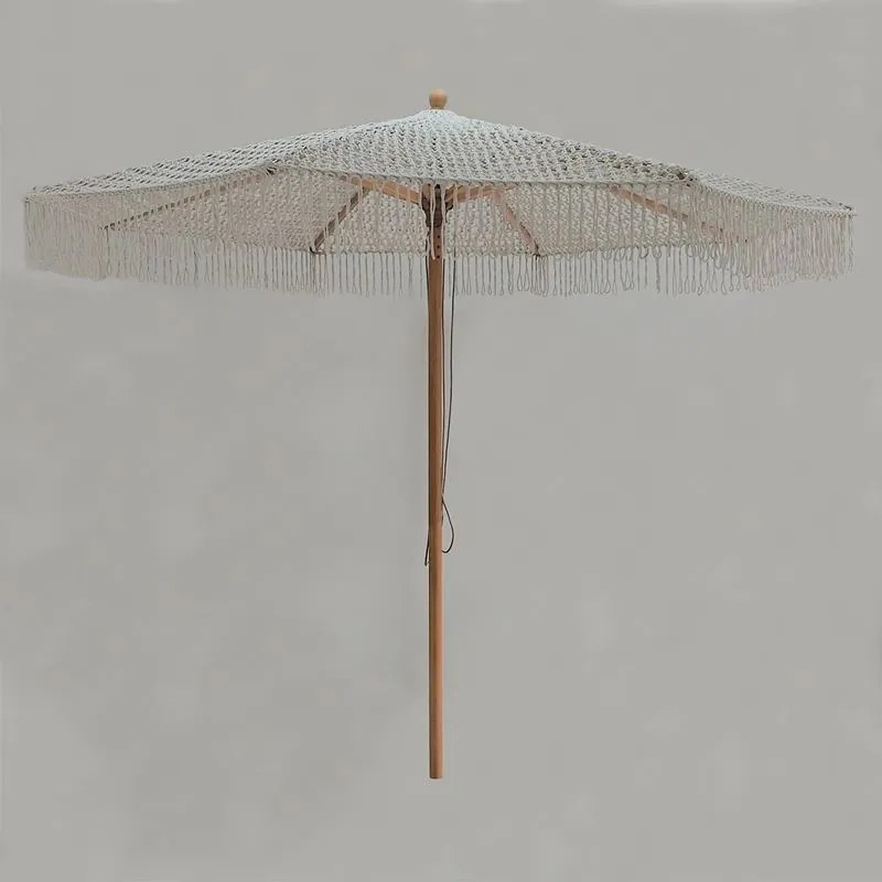ΟΜΠΡΕΛΑ Ξύλινη - Οξιά 300x300cm, Πλεκτό Μακραμέ Μπεζ  300x300cm H2,8m (Pole Φ48mm) Ε919,1