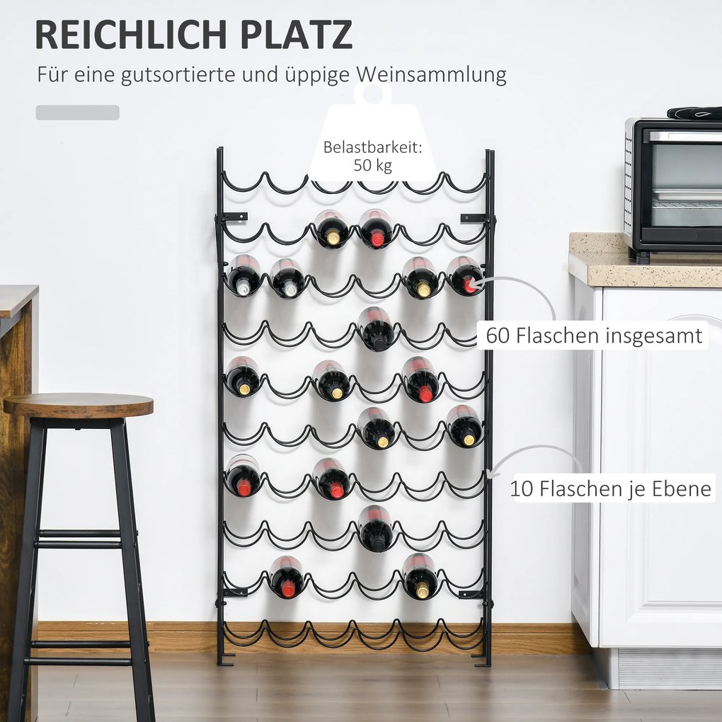 HOMCOM Ράφι κρασιού Στάντ μπουκαλιών 60 μπουκαλιών Επιτοίχιο Μεταλλικό Μαύρο