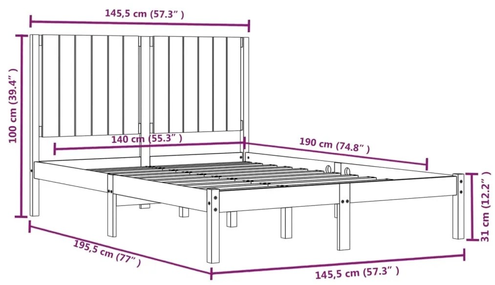 vidaXL Πλαίσιο Κρεβατιού Μαύρο 140 x 190 εκ. από Μασίφ Ξύλο Πεύκου