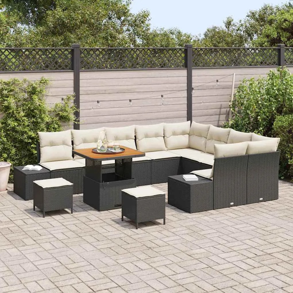 vidaXL Σετ κήπου 12 τμχ με μαξιλάρια, μαύρο πολυ rattan, ακακία.