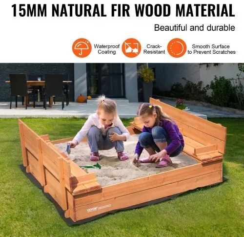 VEVOR Wooden Sandbox Sand Box Sand Pit with Bottom Liner for Outdoor Ages 3-12