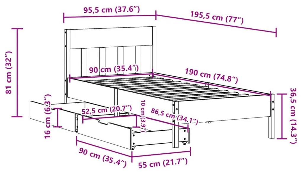 Σκελετός Κρεβατιού Χωρίς Στρώμα 90x190 εκ Μασίφ Ξύλο Πεύκου - Καφέ