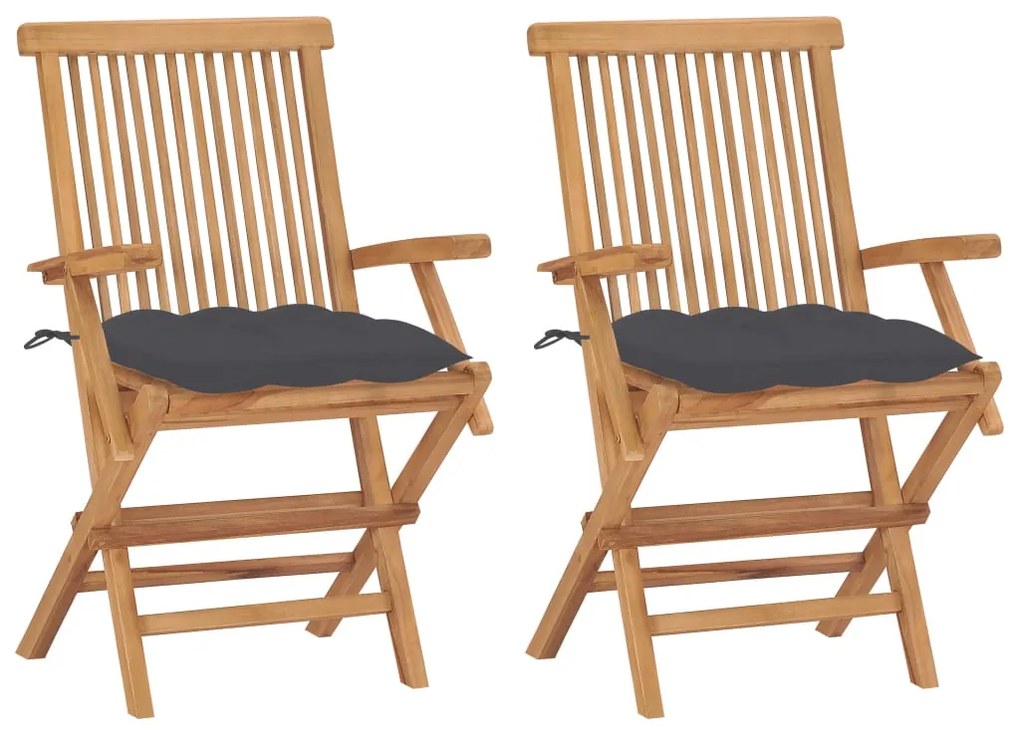vidaXL Καρέκλες Κήπου 2 τεμ. από Μασίφ Ξύλο Teak με Ανθρακί Μαξιλάρια