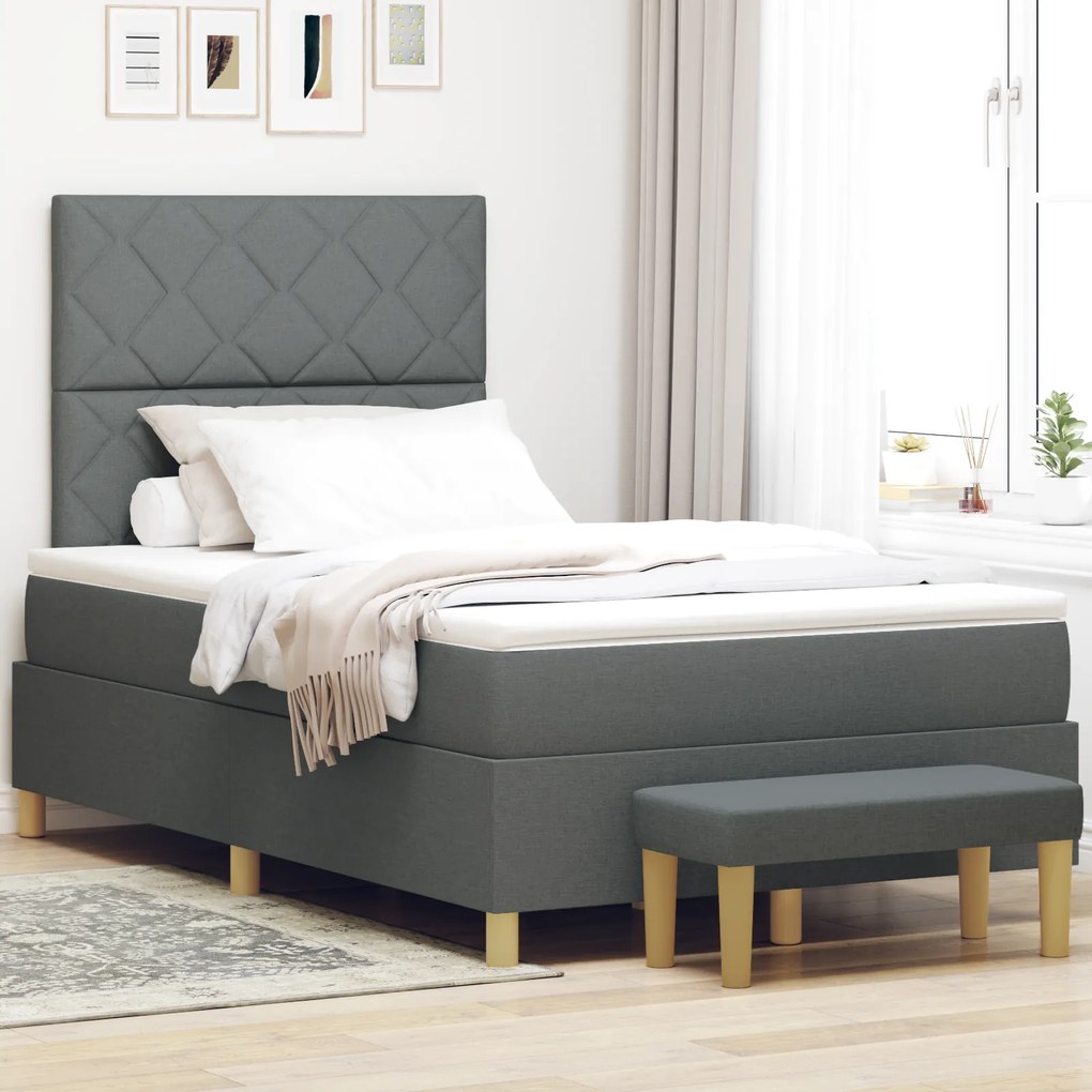 vidaXL κρεβάτι Box Spring με στρώμα & παγκάκι Σκούρο Γκρι 120x190 εκ Ύφασμα