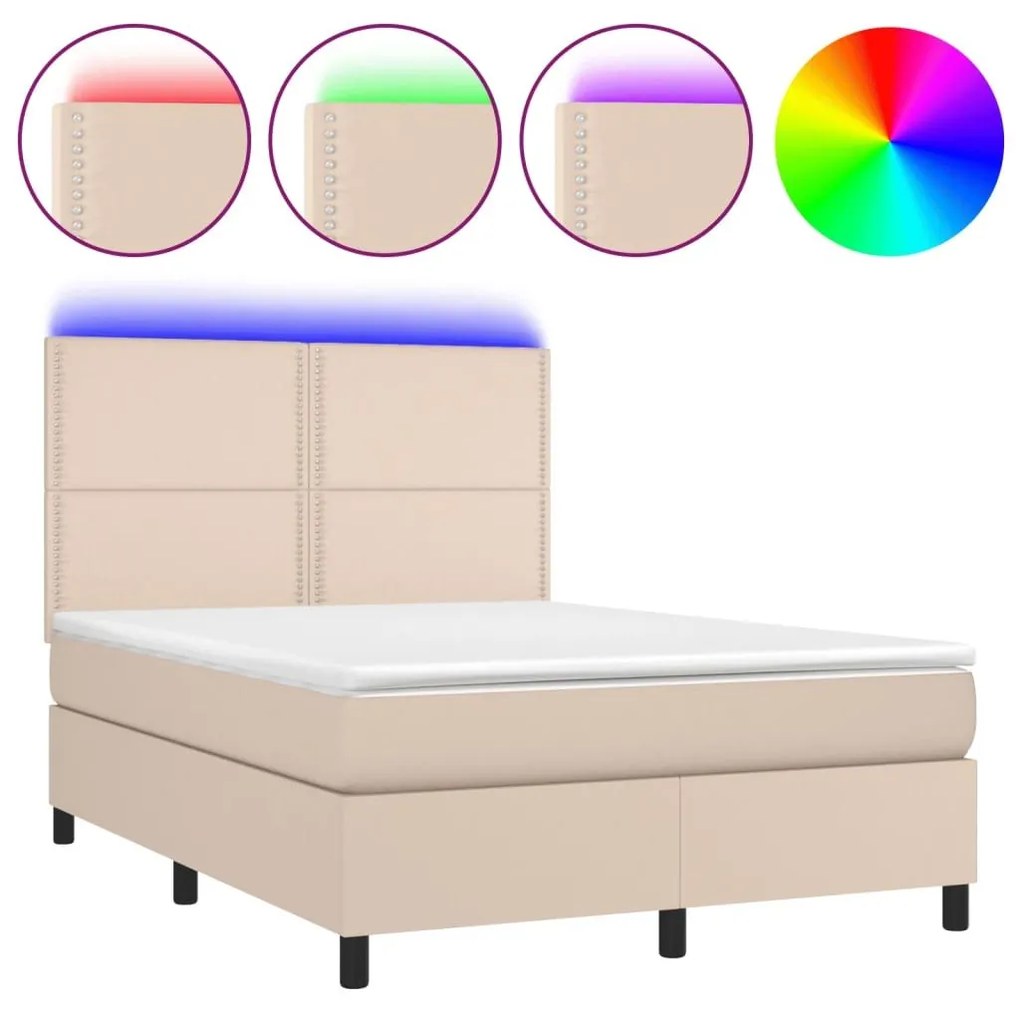 Κρεβάτι Boxspring Στρώμα&amp;LED Καπουτσίνο 140x200 εκ. Συνθ. Δέρμα - Καφέ