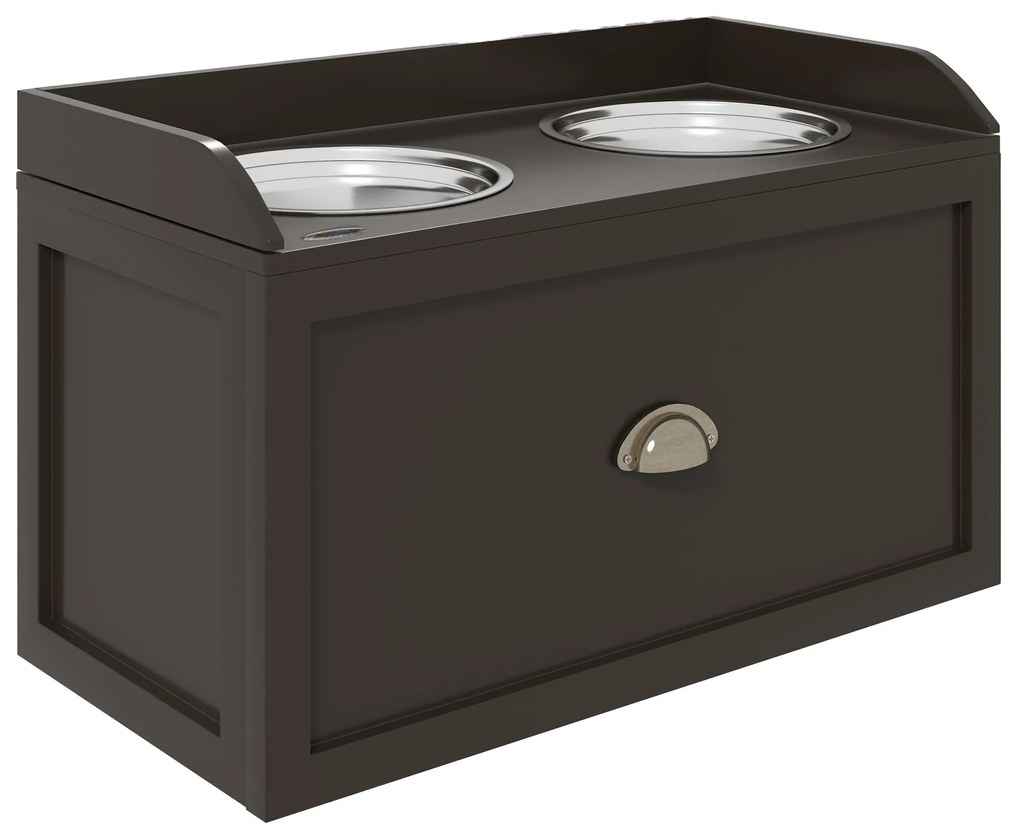 Σταθμός τροφοδοσίας PawHut, υπερυψωμένα μπολ φαγητού 2 μπολ, 2 μπολ από ανοξείδωτο ατσάλι, 1 χώρος αποθήκευσης, 60 x 30 x 36 cm, καφέ