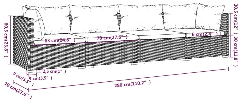 vidaXL Σαλόνι Κήπου 4 Τεμαχίων Μαύρο από Συνθετικό Ρατάν με Μαξιλάρια