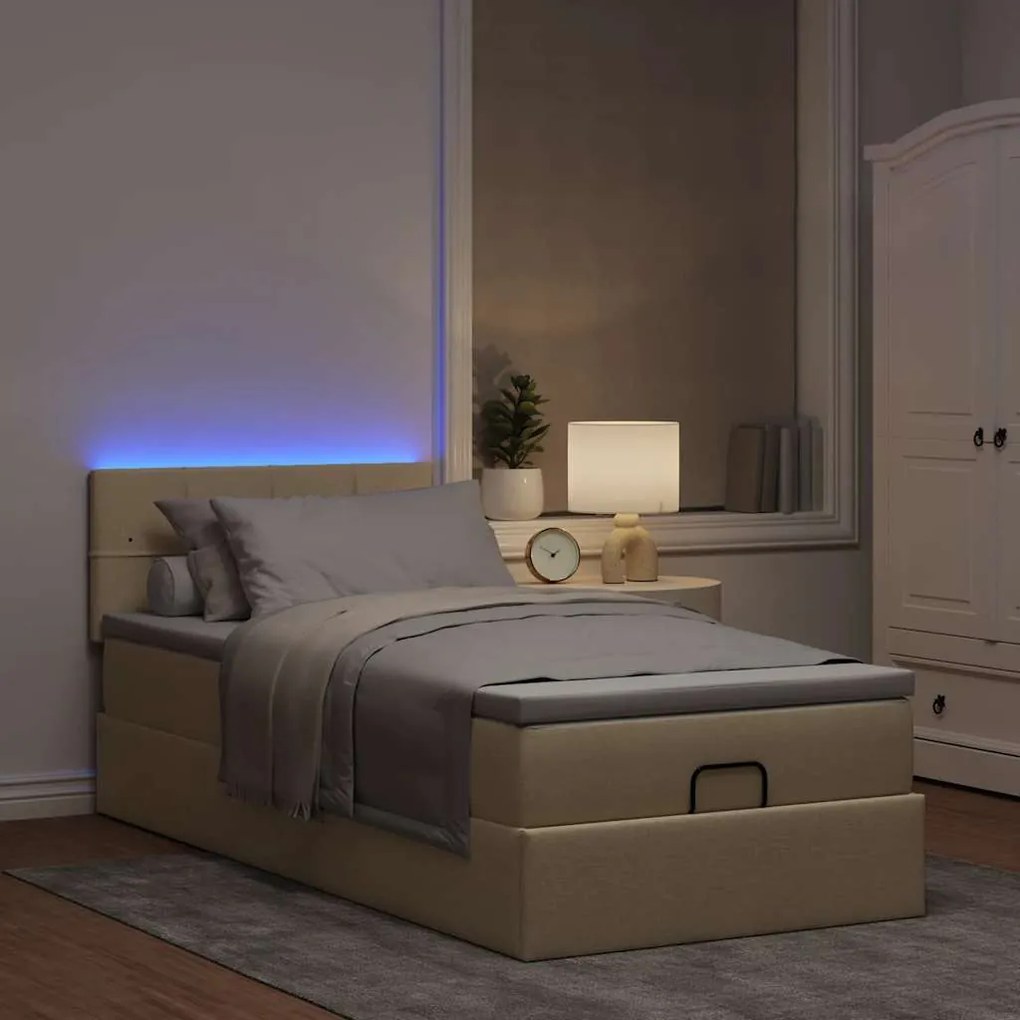 vidaXL Οθωμανικό κρεβάτι με στρώμα & LEDs Cream 90x190cm ύφασμα