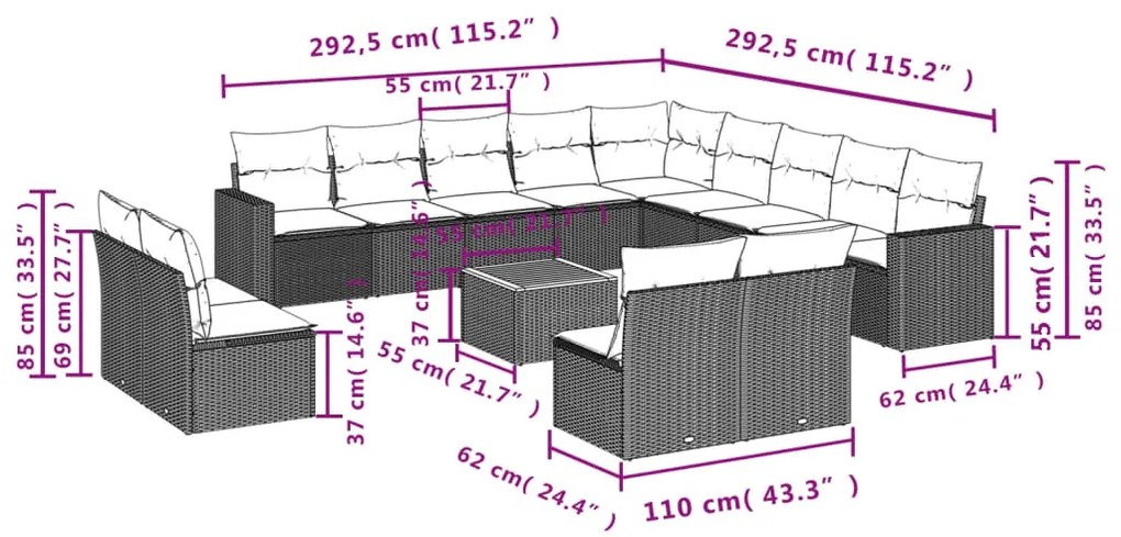 vidaXL Σαλόνι Κήπου Σετ 14 Τεμαχίων με Μαξιλάρια Μαύρο Συνθετικό Ρατάν
