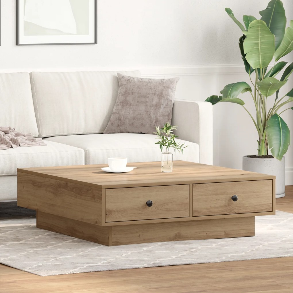 vidaXL Τραπέζι Καφέ Μασίφ Δρυς Λούστρο, MDF 90 x 90 x 28 εκ. Αποθήκευση
