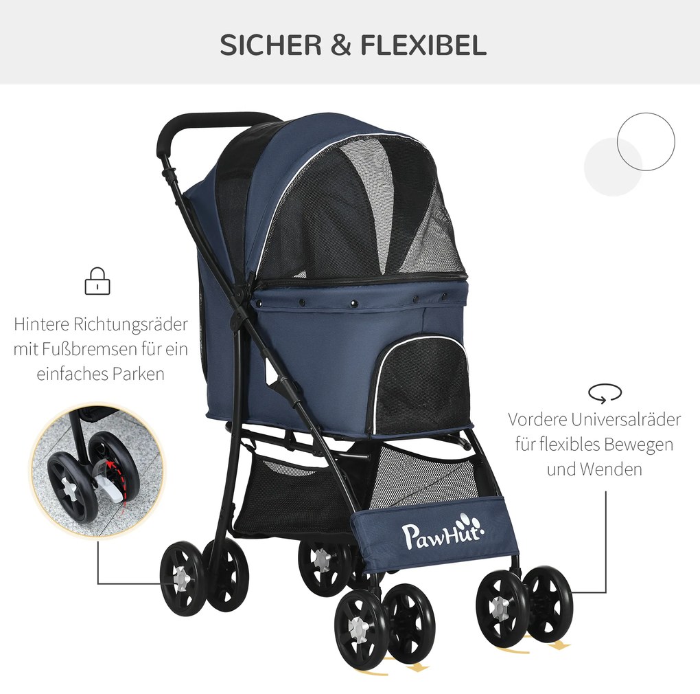 PawHut Καρότσι σκύλου, έως 10 kg, αναδιπλούμενο, καλάθι κάτω, μαξιλάρι, πλαϊνή τσέπη, 81 cm x 48 cm x 99 cm, Γκρι