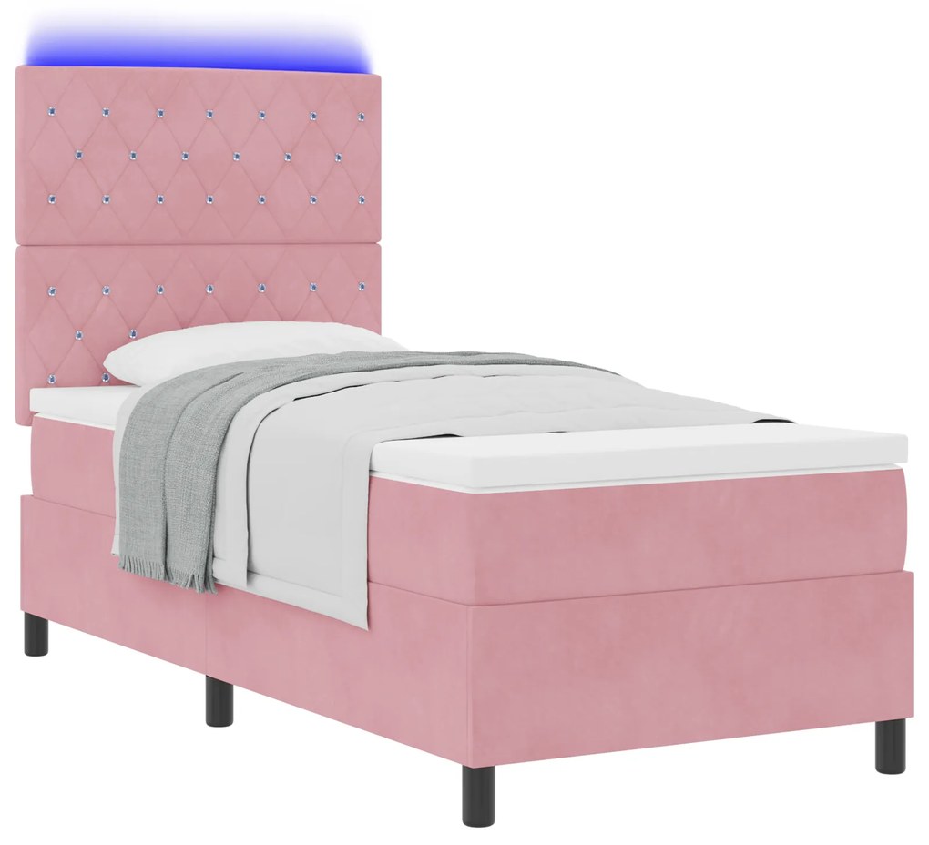 vidaXL Κρεβάτι Box Spring με Μαξιλάρι & LED Ροζ 90x190 εκ Βελούδινο