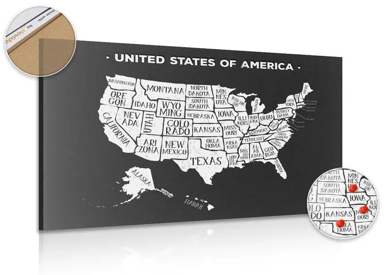 Εικόνα εκπαιδευτικού χάρτη από φελλό των ΗΠΑ σε ασπρόμαυρο - 120x80  peg