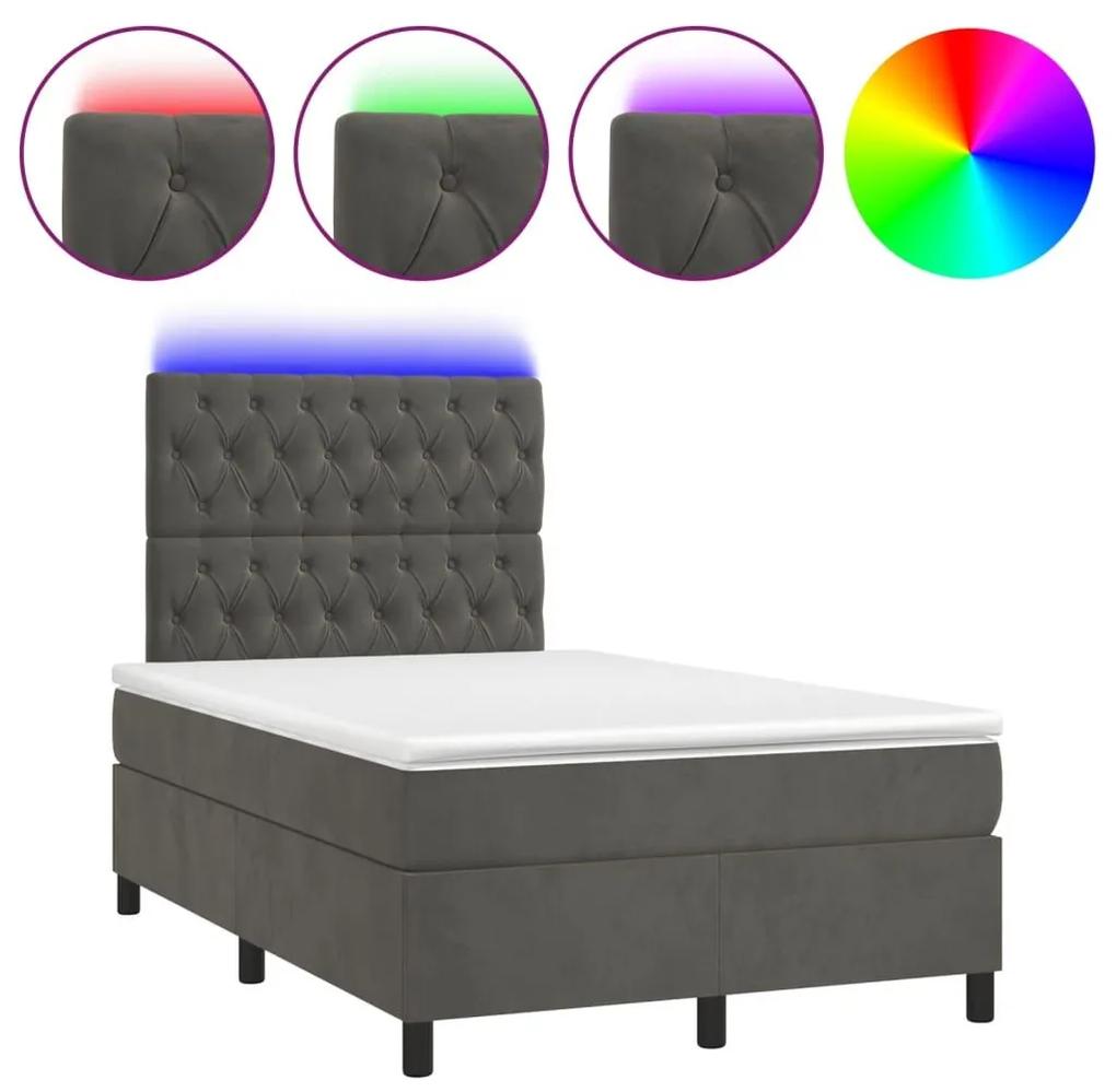 Κρεβάτι Boxspring με Στρώμα &amp; LED Σκ.Γκρι 120x190εκ. Βελούδινο - Γκρι