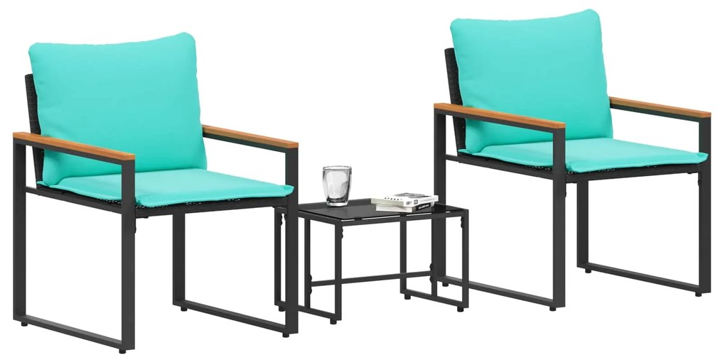 vidaXL Σύνολα επίπλων με μαξιλάρι 3 pcs Μαύρο και Τυρκουάζ Ρατάν