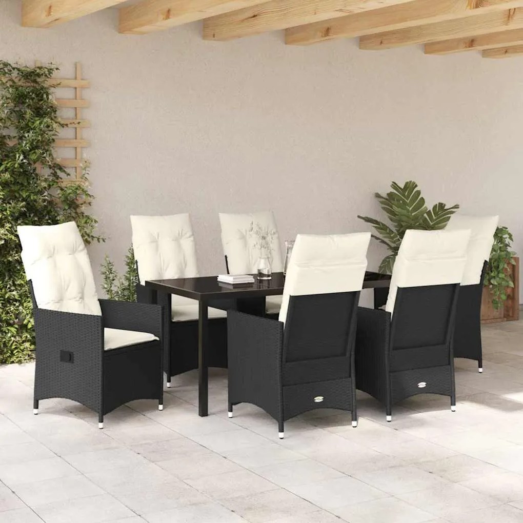 vidaXL Σέτ φαγητού για κήπο με μαξιλάρι 7 pcs Μαύρο Πολυ ράταν